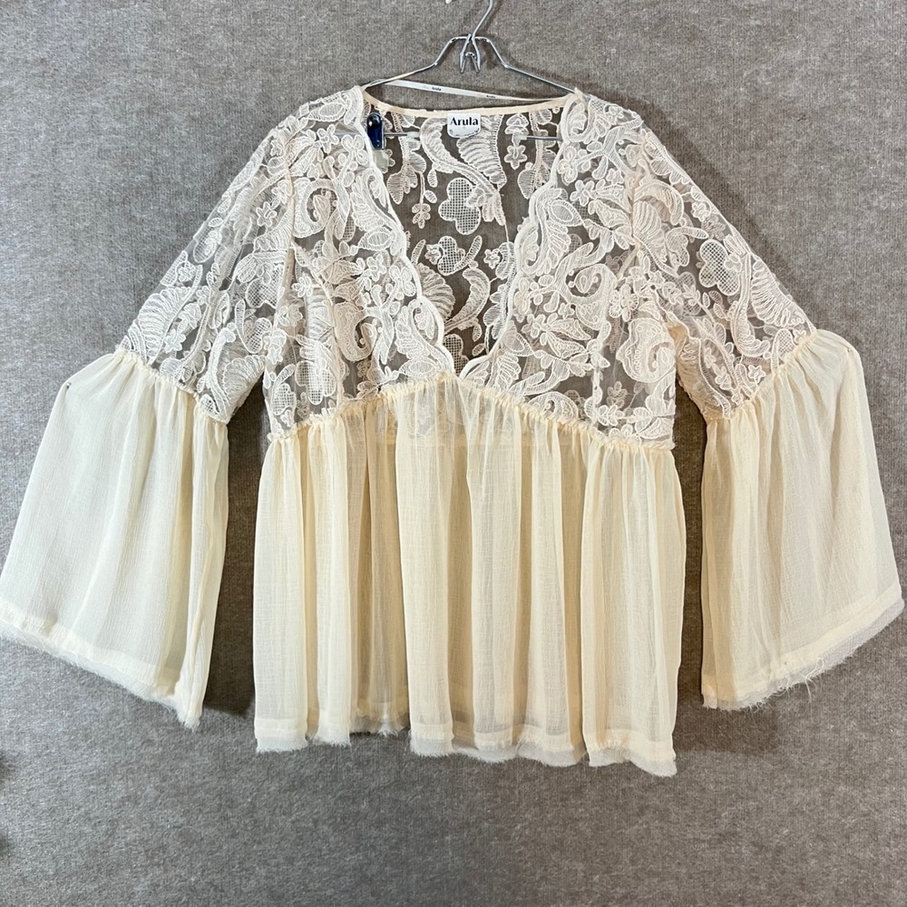 Arula Lace Babydoll Top Womens B 2X Cream Bell Sleeve Sheer Boho Romantic